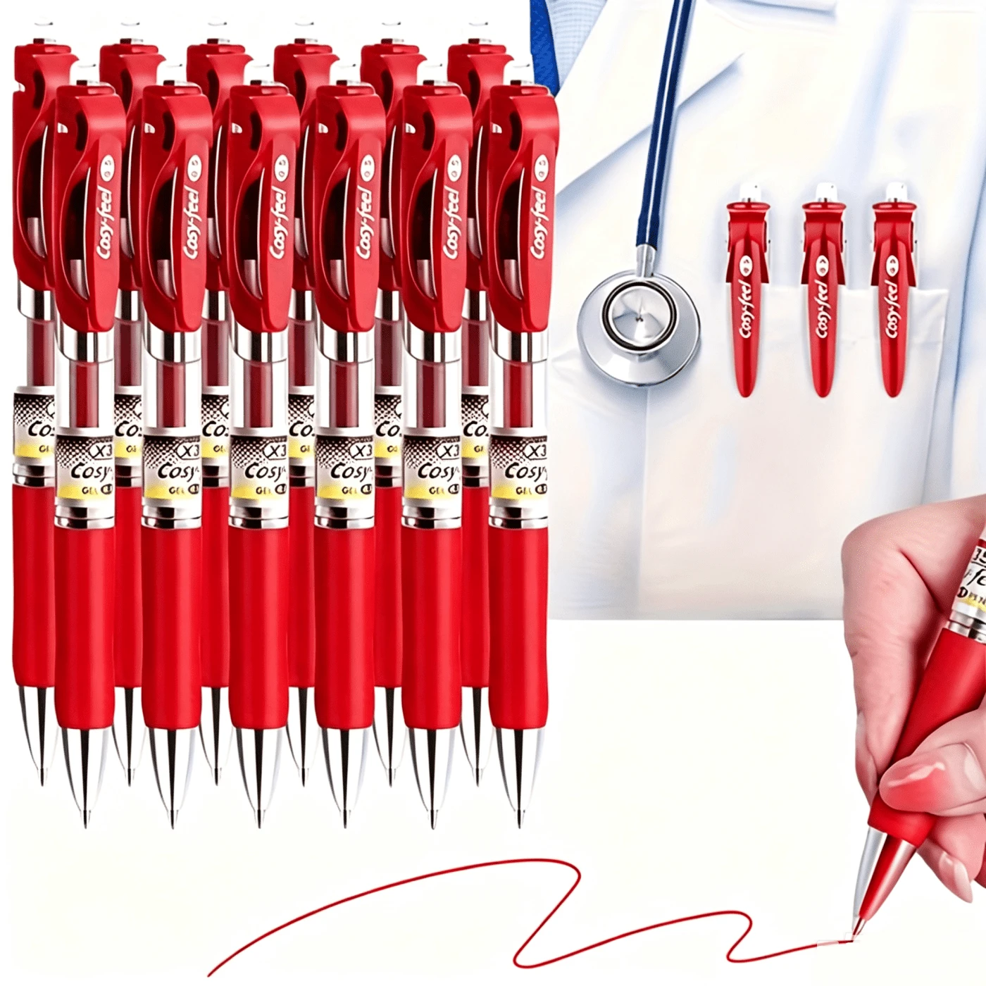 12pcs Large Capacity Red Ballpoint Pens, Designed For Teachers And Educators - 0.5mm Quick-Dry Smooth Soft Grip Design, Suitable For Teacher's Red Grading Pens And Office Supplies, Red Ink/Large Capacity Neutral Pens, Ergonomic Pen Design, Perfect For Note-Taking And Writing, Ideal Office And Study Supplies, Birthday, Christmas, Halloween, Valentine's Day, New Year, And Friend Gifts! Easter Gifts - 12pcs/Set - View 1