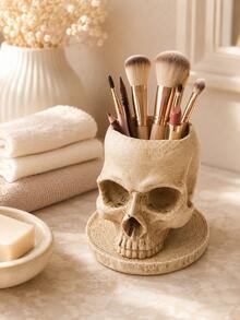 Skull Makeup Brush Holder, Gothic Vanity Organizer, Halloween Desk Decor Cup For Cosmetic Brushes, Eyeliner, Pens, Bathroom Countertop, Dressing Table, Bedroom & Office Decor - Multiple Models - View 2