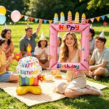 2pcs Pink Candle Cake Photo Frame Balloon Base Paper Cup Birthday Cake Suitable For Birthday Party Decoration - Pink Candle Frame + Colorful Cupcakes - View 4