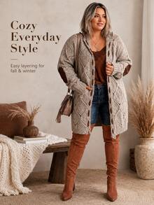 Plus Size Casual Hooded Cardigan With Elbow Patches Knitted Long Sleeve Knee Length Hollow Out Design - Khaki - View 6