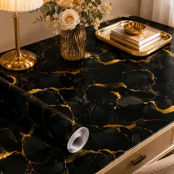 1pc Black & Gold Glossy Marble Pattern Self-Adhesive Kitchen Sticker, Waterproof Oil-Proof Self-Adhesive Wall Sticker For Stove, Countertop, Tile, Cabinet, Desk, Bathroom Vanity, Marble Wall Decal Wallpaper Wall Paper Wall Stickers Wall Decor Room Decor Wallpaper Stickers Wall Bedroom Decor Kitchen Decor Home Decor Vinyl Wallpaper Roll