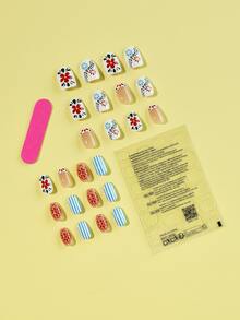 24pcs Press On Nails Flowers Fake Nails Short Fake Nails False Nails Oval Shape Nails Press On Manicure Set Includes 1sheet Adhesive Tabs & 1pc Nail File Suitable For Everyday Wear - Multicolor - View 2