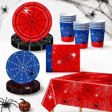 10pcs/20pcs/70pcs/71pcs Red Blue Black Spider Web Party Tableware Set, 9/7 Inch Paper Plates, 3.5 Inch Tall Paper Cups, 6.5 Inch Napkins, 42x70 Inch Plastic Tablecloth, Suitable For Birthday, Halloween, Hero Theme Party Decoration - Multicolor - View 1