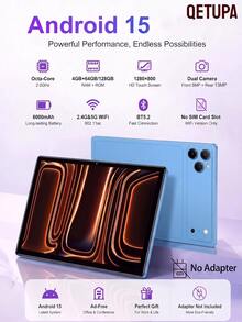 Qetupa Android 15 八核心 2.0GHz 平板電腦，4GB+64GB/128GB，1280*800 HD 觸控螢幕，5MP+13MP 雙鏡頭，6000mAh 電池，雙頻 2.4G/5G WiFi 802.11ac，BT5.2，無 SIM 卡槽，無廣告辦公會議平板，禮品平板（不含適配器） - 藍色 - 查看 1