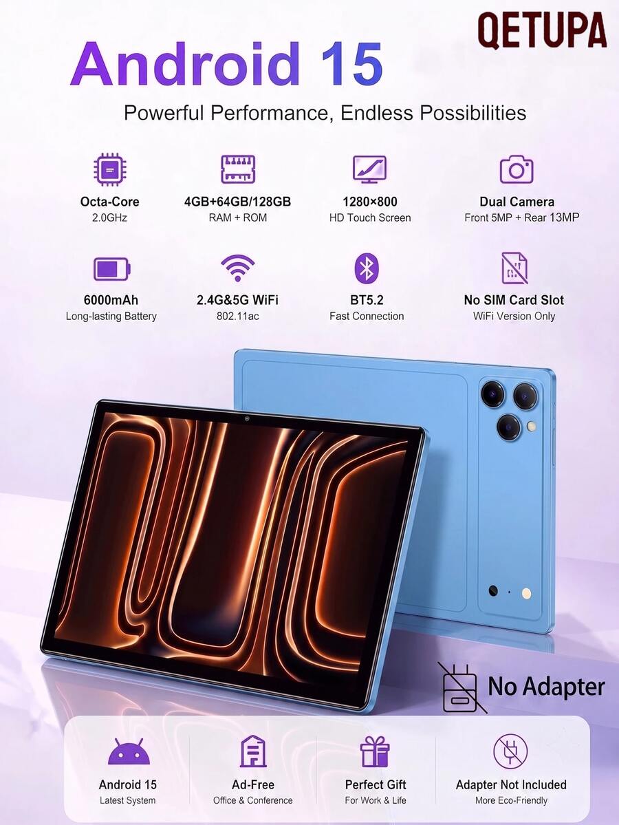 Qetupa Android 15 八核心 2.0GHz 平板電腦,4GB+64GB/128GB,1280*800 HD 觸控螢幕,5MP+13MP 雙鏡頭,6000mAh 電池,雙頻 2.4G/5G WiFi 802.11ac,BT5.2,無 SIM 卡槽,無廣告辦公會議平板,禮品平板(不含適配器) - 藍色 - 查看 1
