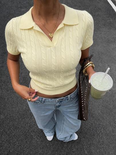 Summer New Vintage Polo Collar Cable Knit Short Sleeve Slim Fit Cropped Pullover Top For Women, Elegant Commuter Style