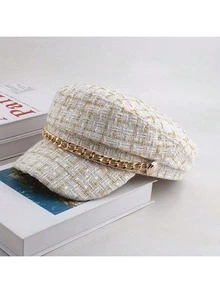 Elegant Plaid Tweed Newsboy Cap Set, Gold Chain Pearl Metal Button Decor Vintage Duckbill Women's Hat, Suitable For Autumn/Winter Daily, Shopping, Garden Party, Evening Party And Street Style - Multicolor - View 8