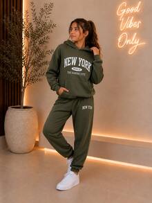 Girls' 2-Piece Thermal Fleece Set (Sizes 8-14) With Hood And Jogger Pants - 軍綠色 - 查看 3