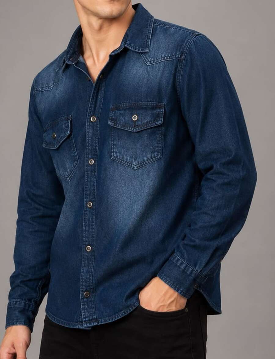 Men's Slim Fit Dark Wash Denim Shirt - Dark Wash - View 1