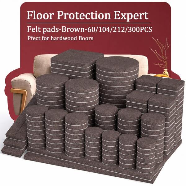 Juego de 60/104/212/300 piezas de almohadillas de fieltro premium para muebles, almohadillas autoadhesivas antideslizantes para sillas en suelos de madera dura y laminado, protectores de suelo antirayaduras y reductores de ruido para mesas, sillas, electrodomésticos y muebles del hogar (marrón beige)
