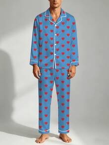 2pcs Men's Pajama Set, Satin Silk Heart Print Button Long Sleeve Top And Pants Loungewear Set, Autumn/Winter Clothing, Perfect Gift - Multicolor - View 2