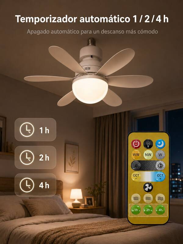 Foco Ventilador de Techo con Luz LED y Control Remoto, Rosca E27, 6 Aspas Desmontables, 3 Tonos de Luz Regulable, 3 Velocidades, Temporizador 1/2/4h, Silencioso para Recámara y Sala