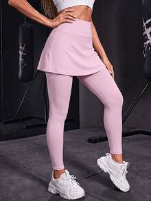 1pc Women's Long Pants With Skirt, Fashionable Hem Design, Dual Pockets, Soft & Comfortable Sporty Style, Pink - Pink - View 5