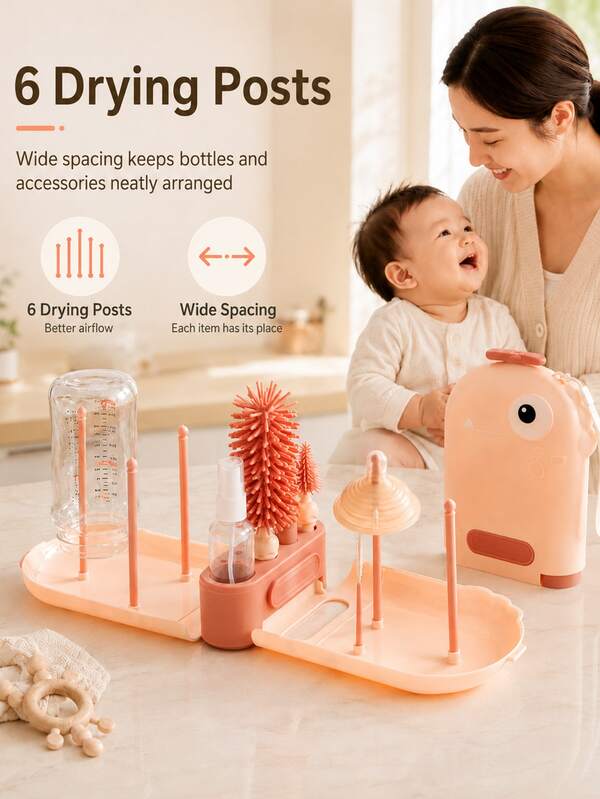 Bộ cọ rửa bình sữa em bé cầm tay, cọ vệ sinh silicone 3 trong 1 cho núm ti và ống hút kèm giá lưu trữ và phơi khô, giá đa năng để phơi và lưu trữ bình sữa, núm ti, cốc ống hút và phụ kiện cho bé