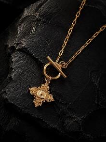 1pc Stainless Steel Vintage French Style 18K Gold Plated Cross Embossed 3D Pendant Necklace With OT Clasp - Multicolor - View 4