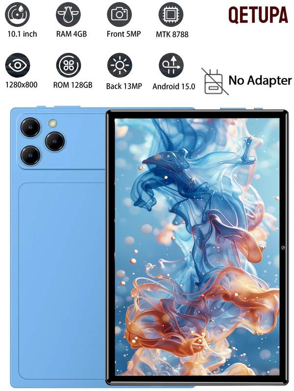 Qetupa 10吋 Android 平板電腦，八核處理器，4GB RAM 128GB ROM 可擴充至 1TB，1280x800 HD 螢幕，支援 5G+2.4G WiFi，藍牙 5.2，5MP 前置鏡頭與 13MP 後置鏡頭，6000mAh 電池，802.11ac WiFi，GPS