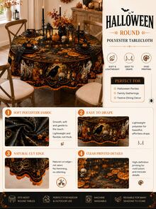 1pc Halloween Pumpkin Lantern Crow Ghost Tablecloth, Vintage Autumn Pumpkin Skull Bat Full Moon Print Round/Rectangular Tablecloth, Spooky Farmhouse Style Halloween Dinner Party Table Decor, Autumn Holiday Tablecloth - Multicolor - View 11