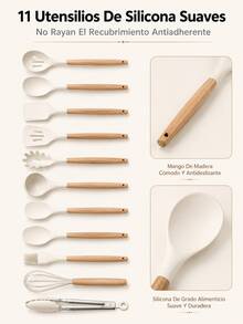 Juego de Ollas y Sartenes Antiadherentes de 22 Piezas con Mangos Desmontables, Batería de Cocina Apilable para Inducción y Gas, con Tapas de Vidrio y 11 Utensilios de Silicona, Color Crema - Ver 7