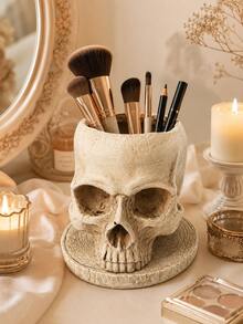 Skull Makeup Brush Holder, Gothic Vanity Organizer, Halloween Desk Decor Cup For Cosmetic Brushes, Eyeliner, Pens, Bathroom Countertop, Dressing Table, Bedroom & Office Decor - Multiple Models - View 10