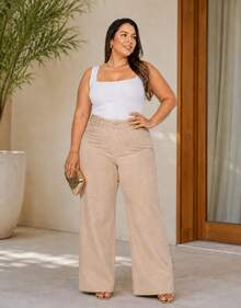 Women's Wide Leg Plus Size Jeans - High Quality - Beige - View 7