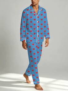 2pcs Men's Pajama Set, Satin Silk Heart Print Button Long Sleeve Top And Pants Loungewear Set, Autumn/Winter Clothing, Perfect Gift - Multicolor - View 3