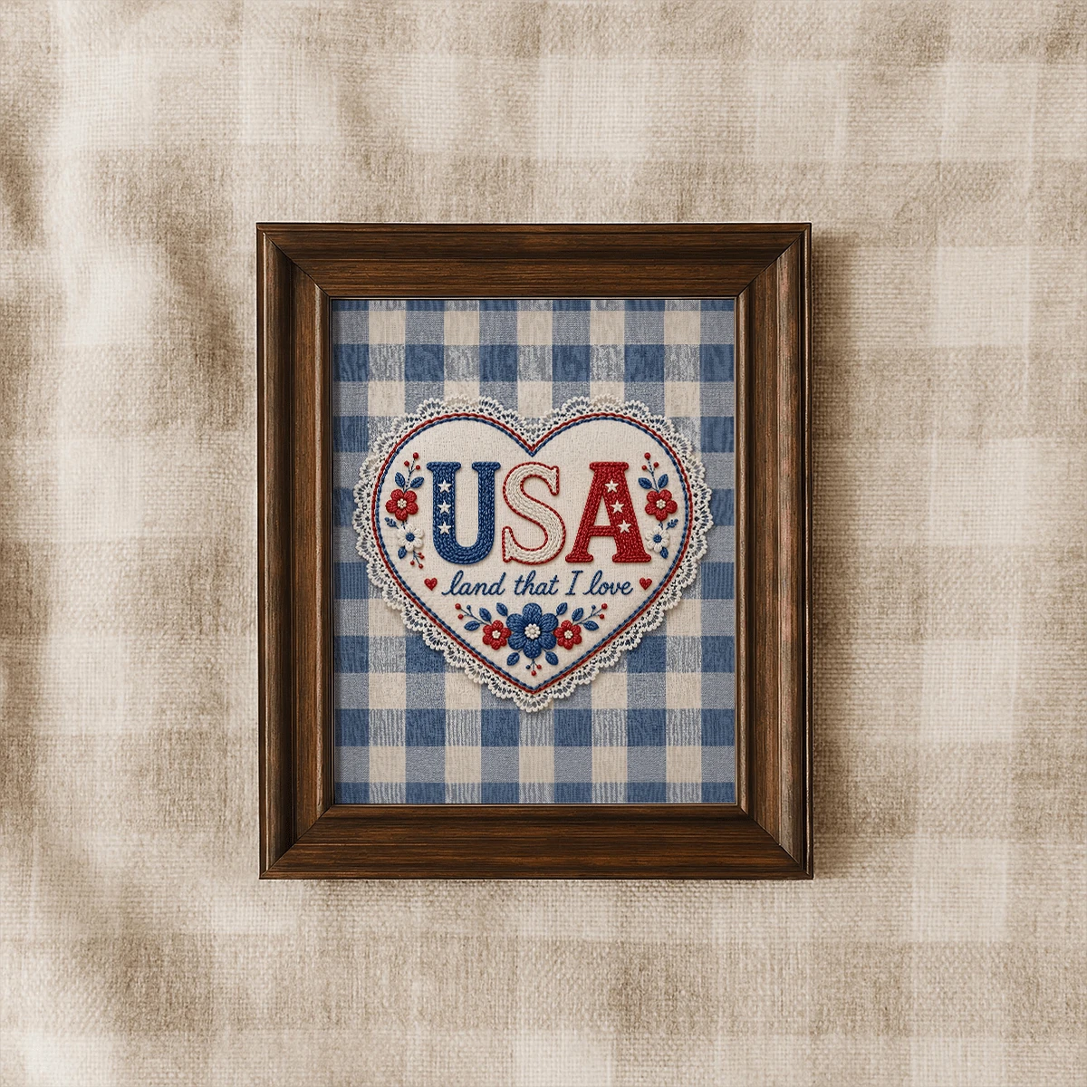 1pc Vintage Wall Art Poster, Patriotic American Wall Art Decor | Vintage Blue And White Plaid Pattern With Lace Trim Design, Framed Or Unframed, Room/Home Decor, Living Room, Bedroom, Bathroom Or Office Wall Decor Gift - A - View 1