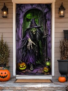 Halloween Witch Door Curtain Backdrop, Purple & Green Scary Witch Pumpkin Print Polyester Vertical Door Banner, High-Definition Printing Lightweight Easy To Hang, Suitable For Entrance Door, Hallway, Haunted House And Halloween Party Decoration - Witch - View 5