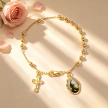 1pc Women's Fashion Bracelet, Gold Beaded Cross Bracelet, Catholic Rosary Bracelet, Religious Jewelry, Image Jewelry, Church Prayer/Christian/Christmas Baptism/Halloween/Thanksgiving/Easter Gift, Everyday Wear To Showcase Faith, Unisex - Gold - View 16