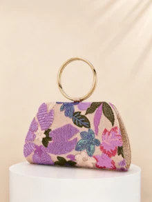 女款紫色亮片刺繡花卉手拿包，金屬環手柄正式派對手提包，亮片刺繡工藝，彩色亮面3D花卉圖案，適合婚禮、慶典與正式場合（隨機圖案） - 紫色 - 查看 4