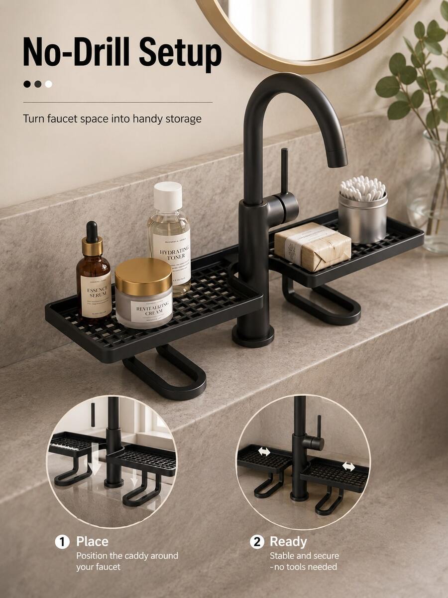 Rak Penyimpanan Keran Wastafel Kamar Mandi | Baki Pengeringan Jaring Dua Sisi, Plastik Anti Karat, Dapat Menampung Sikat Gigi, Kosmetik/Peralatan dan Sabun – Desain Universal untuk Kamar Mandi dan Dapur