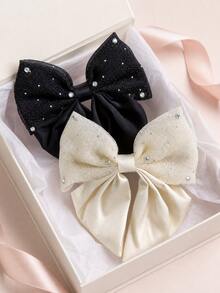 1pc Black Satin Bow Hair Clip, Combining Cute And Elegant School Style. Made Of High-Quality Satin. A Thoughtful Valentine's Day Gift, Popular Among Students. Easily Create A Sweet Look. - Black and White Lace - View 7