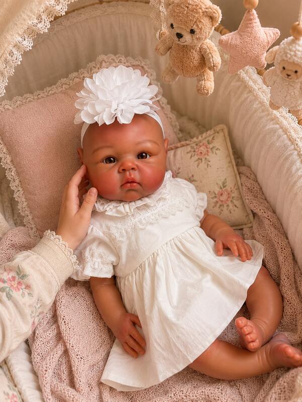 18 Inch Cute Chocolate Skin Tone Reborn Baby Girl Doll, Full Body Soft Solid Silicone Hand-Painted Highly Lifelike Newborn Washable Emotional Companion Art Collectible Perfect Birthday Gift