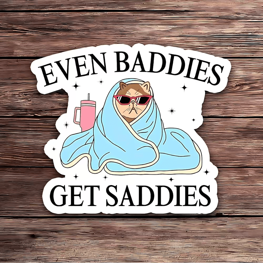 3/7Pcs Even Baddies Get Saddies Cool Cat Stickers, Waterproof Self-Adhesive PVC Funny Meme Decals, Decor For Car Tumbler Laptop Water Bottle Truck, Cute Gift For Teen Girls Cat Lovers Aesthetic Fans