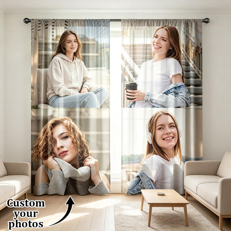 2pcs Personalized Custom Curtains, 4 Photos Custom Curtains, Home Decor, Wedding Gift, Birthday Gift, Anniversary Gift, Pet, Rod Pocket Design, Good Transparency, Suitable For All Seasons, Decorative Curtains, 160gsm - 2pcs Multicolor - View 1