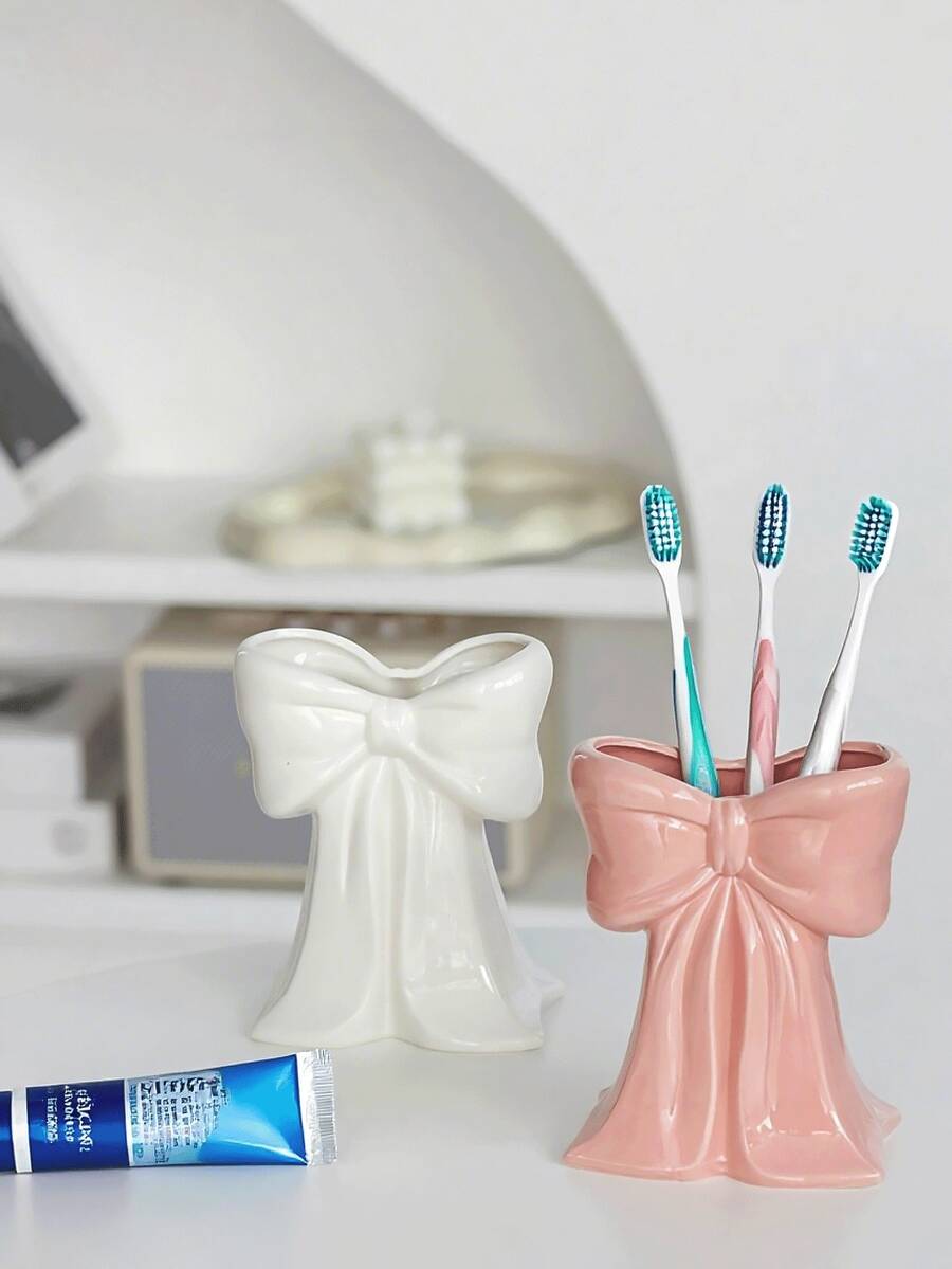 Bow-Shaped Toothbrush Holder, Cute Decorative Toothbrush Stand, Multifunctional Bathroom Storage Rack, Can Hold Toothpaste And Makeup Brushes, Unique Vanity Countertop Storage Cup