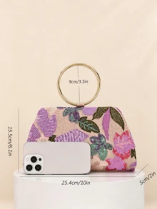 女款紫色亮片刺繡花卉手拿包，金屬環手柄正式派對手提包，亮片刺繡工藝，彩色亮面3D花卉圖案，適合婚禮、慶典與正式場合（隨機圖案） - 紫色 - 查看 3