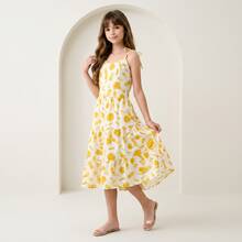 Vestido Infantil Floral Alcinha de Amarrar Menina Juvenil Rodado - Amarelo - Visão 8