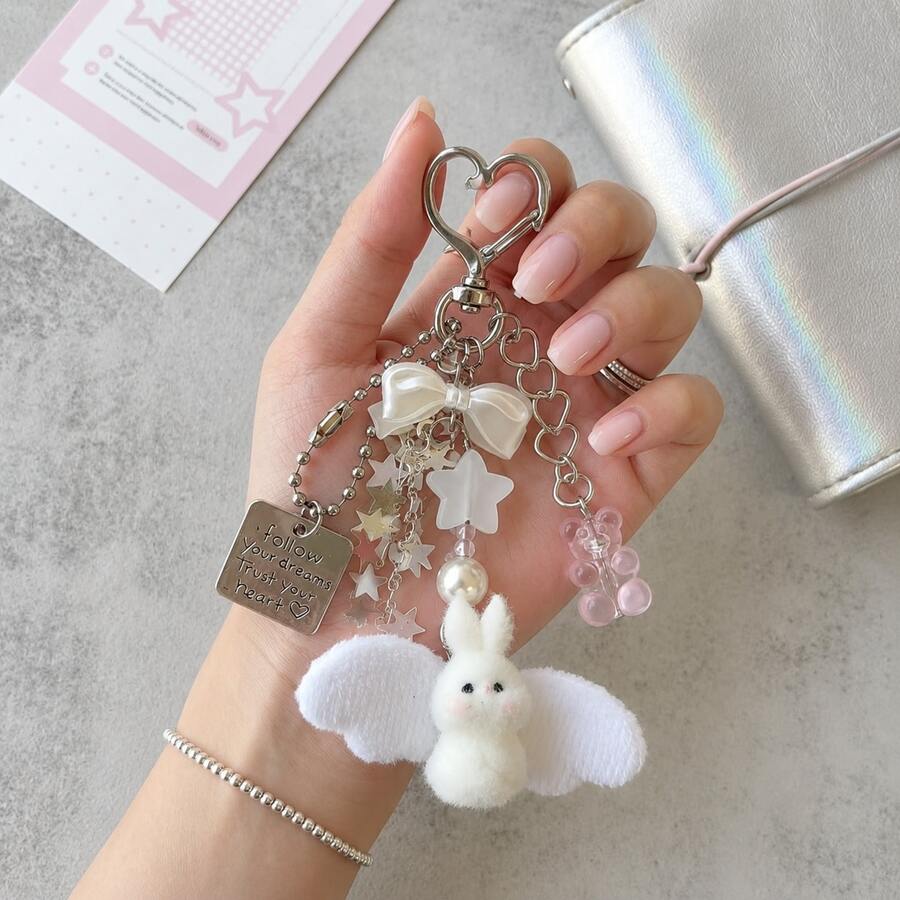 Cute Angel Rabbit Keychain With Bow And Wings, Flocked Material Handmade Bag Charm, Kawaii Handbag Pendant, Phone Charm Accessory - Multicolor - View 1