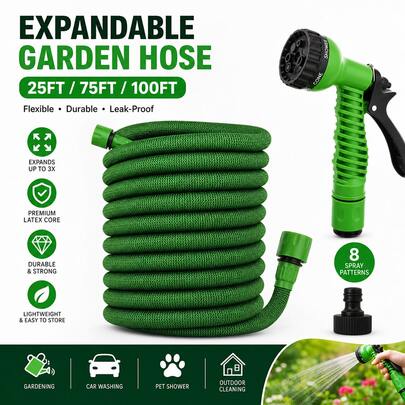 Retractable Flexible Garden Hose Set, Available In 25ft/75ft/100ft Lengths, With Multi-Pattern Spray Nozzle And Quick-Connect Fittings, Suitable For Watering, Car Washing, And Outdoor Cleaning