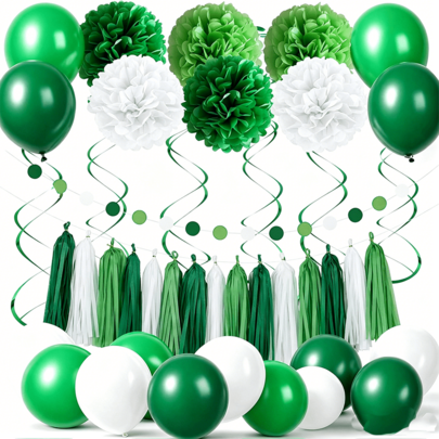Green Party Decorations Green And White Birthday Decorations With Triangle Banner, Paper Pom Poms, Tassels, Circle Garland, Latex Balloons For Baby Shower, Bridal Shower, Graduation Party