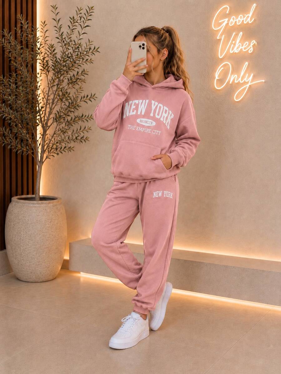 Girls' 2-Piece Thermal Fleece Set (Sizes 8-14) With Hood And Jogger Pants - 乾枯玫瑰色 - 查看 1
