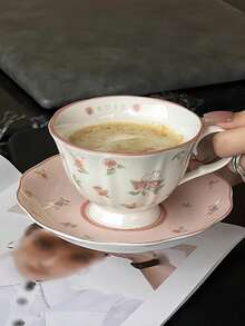 一只粉色兔子陶瓷咖啡杯和茶碟組，古董韓式杯子，配有可愛女孩設計，完美適用於家居、咖啡店和茶館 - 粉紅色兔子杯碟 - 查看 12
