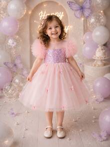 Vestido de princesa con encaje 3D y mariposa brillante - Rosa vieja - Ver 1