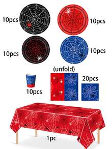 10pcs/20pcs/70pcs/71pcs Red Blue Black Spider Web Party Tableware Set, 9/7 Inch Paper Plates, 3.5 Inch Tall Paper Cups, 6.5 Inch Napkins, 42x70 Inch Plastic Tablecloth, Suitable For Birthday, Halloween, Hero Theme Party Decoration - Multicolor - View 11
