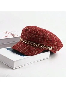 Elegant Plaid Tweed Newsboy Cap Set, Gold Chain Pearl Metal Button Decor Vintage Duckbill Women's Hat, Suitable For Autumn/Winter Daily, Shopping, Garden Party, Evening Party And Street Style - Multicolor - View 7