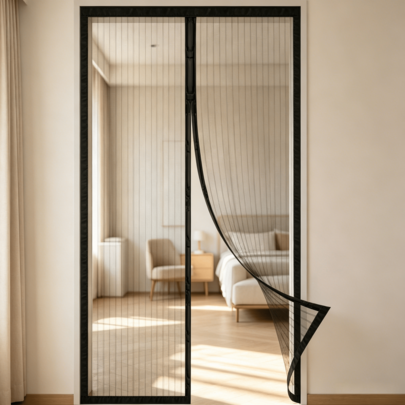 Cortina de Rede Magnética 90 x 200 cm em Tom Preto, Design de Costura Magnética, Método de Montagem Adesivo para Instalação Rápida em Portas de Entrada Domésticas