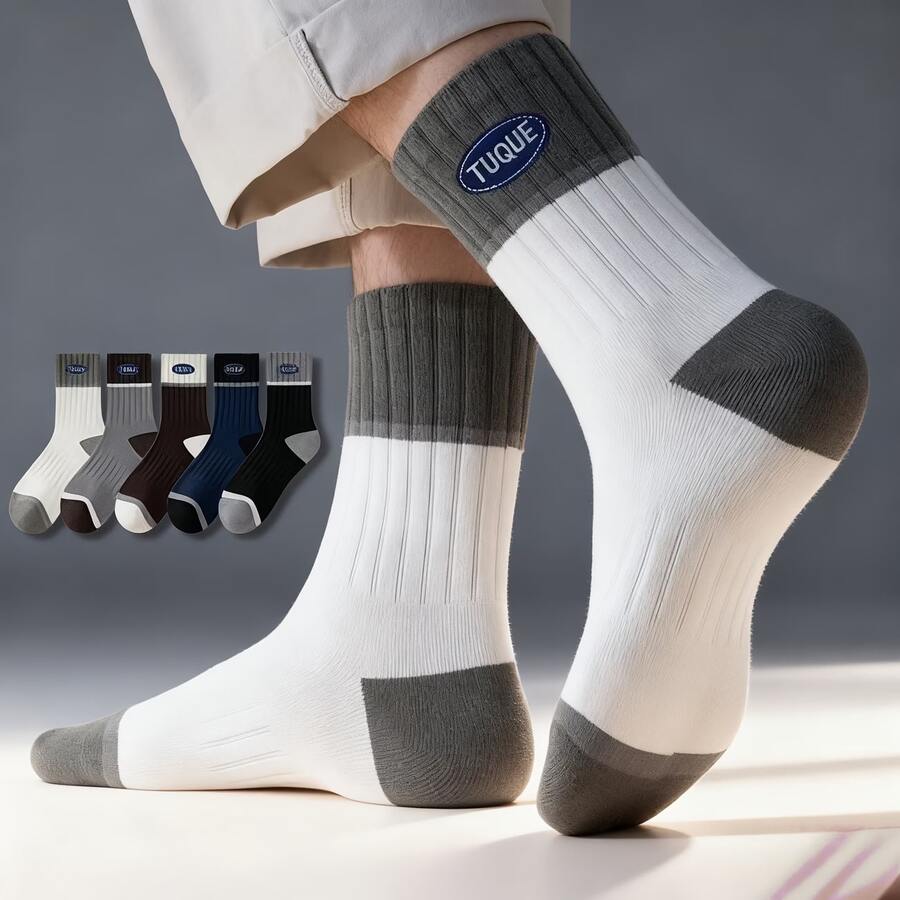 1/5 Pairs Men's Business Sports Mid-Calf Socks, Soft And Smooth, Suitable For Sports, Holiday Casual, Multi-Color Options, Cute Socks Holiday Accessories, Moisture-Wicking Material - Multicolor - View 1