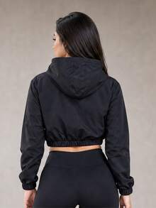 Blusa de Frio Academia Feminina Jaqueta Cropped Com Capuz Tactel com Elastano Fitness - Preto - Visão 3