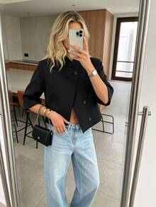 2026 New Women's Woven Fabric Pocket Short Sleeve Cropped Blazer Button Jacket Office Daily Minimalist Small Suit Early Autumn New Arrival - Black - View 3
