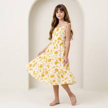 Vestido Infantil Floral Alcinha de Amarrar Menina Juvenil Rodado - Amarelo - Visão 5